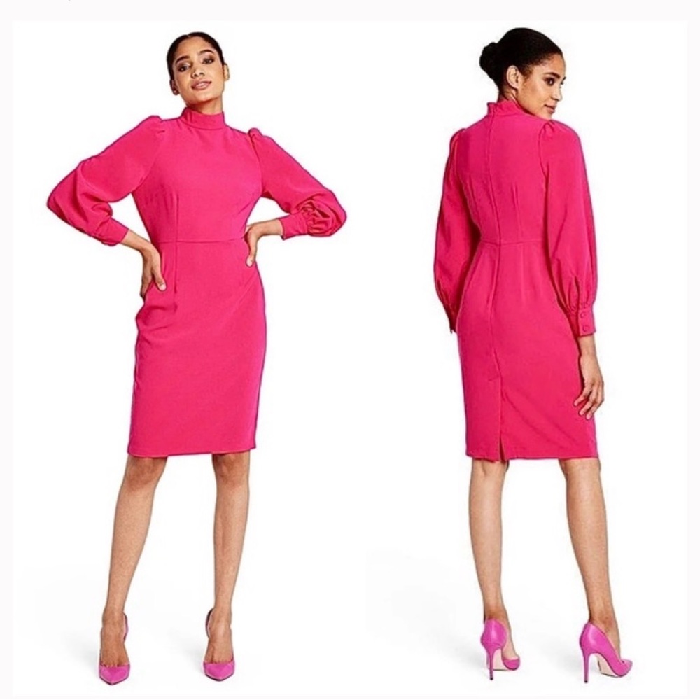 Sergio Hudson Wonens Hot Pink Midi Sheath Dress w Long Balloon Sleeves / Size M